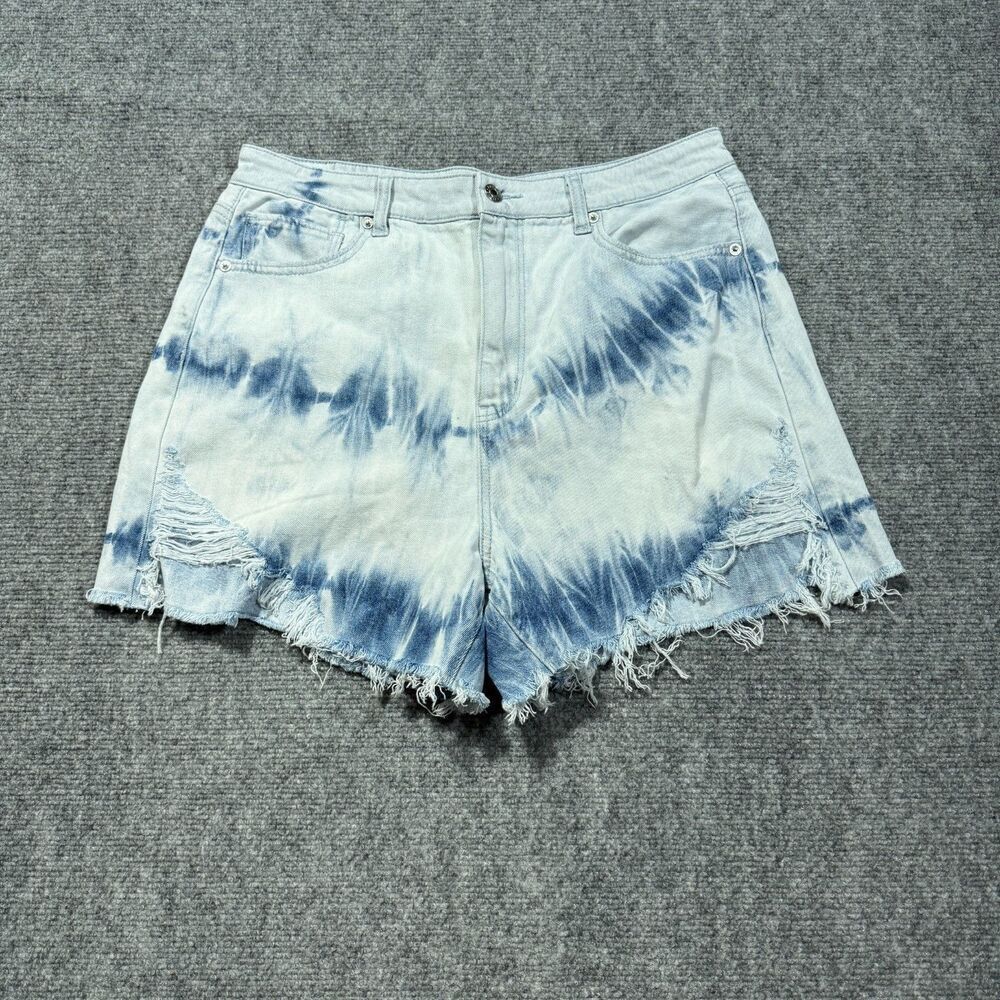 American Eagle Mom Shorts Womens 14 Blue Tie Dye High Rise Lightwash Distressed
